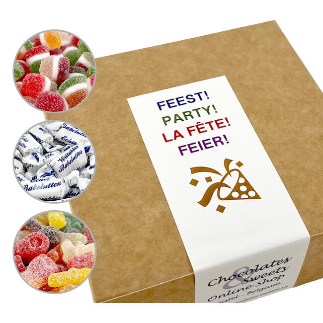 Snoepdoosje FEEST! met persoonlijke boodschap (400g-600g)