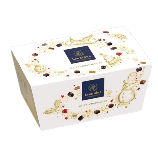 Leonidas 750g of delicious chocolate balls in festive packaging.