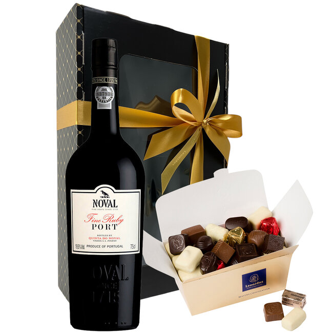 Leonidas Luxe geschenkset met 750g pralines en rode Porto 75cl