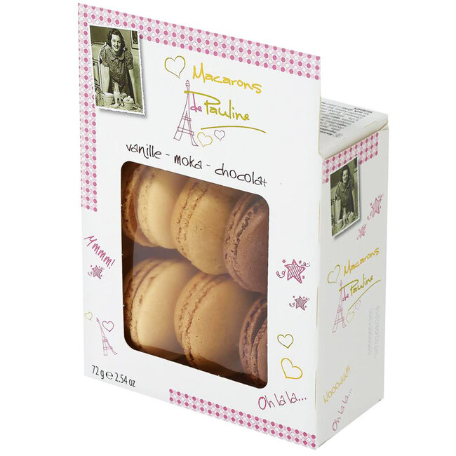 Macarons vanille, mokka en chocolade in een doosje van 6 stuks