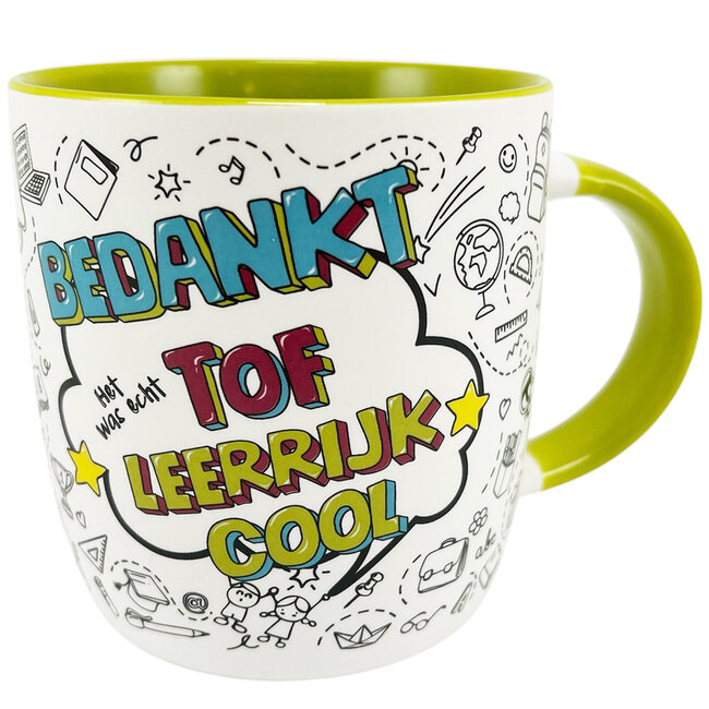 Porzellanbecher 'Bedankt, Tof, Leerrijk, Cool' gefüllt mit Schokolade