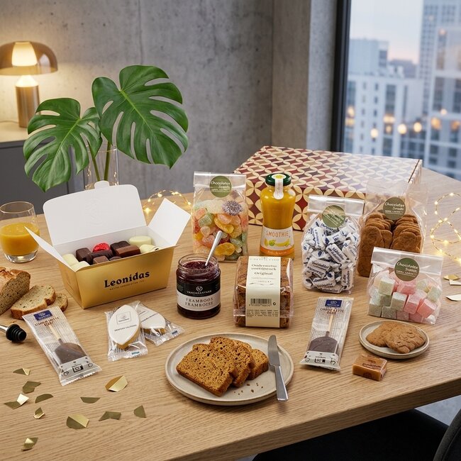XL Geschenkmand met bonbons en diverse zoete en hartige delicatessen