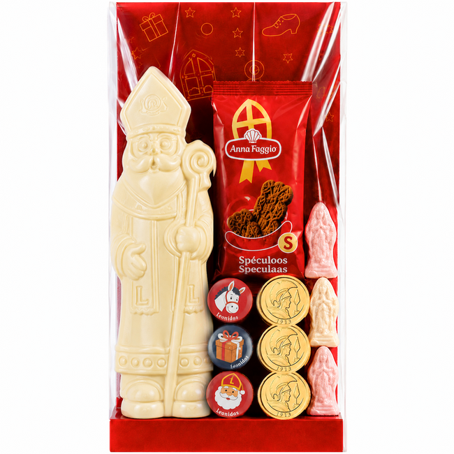 Leonidas St. Nicholas Gift Bag (L) white with white chocolate Saint Nicholas figure and treats